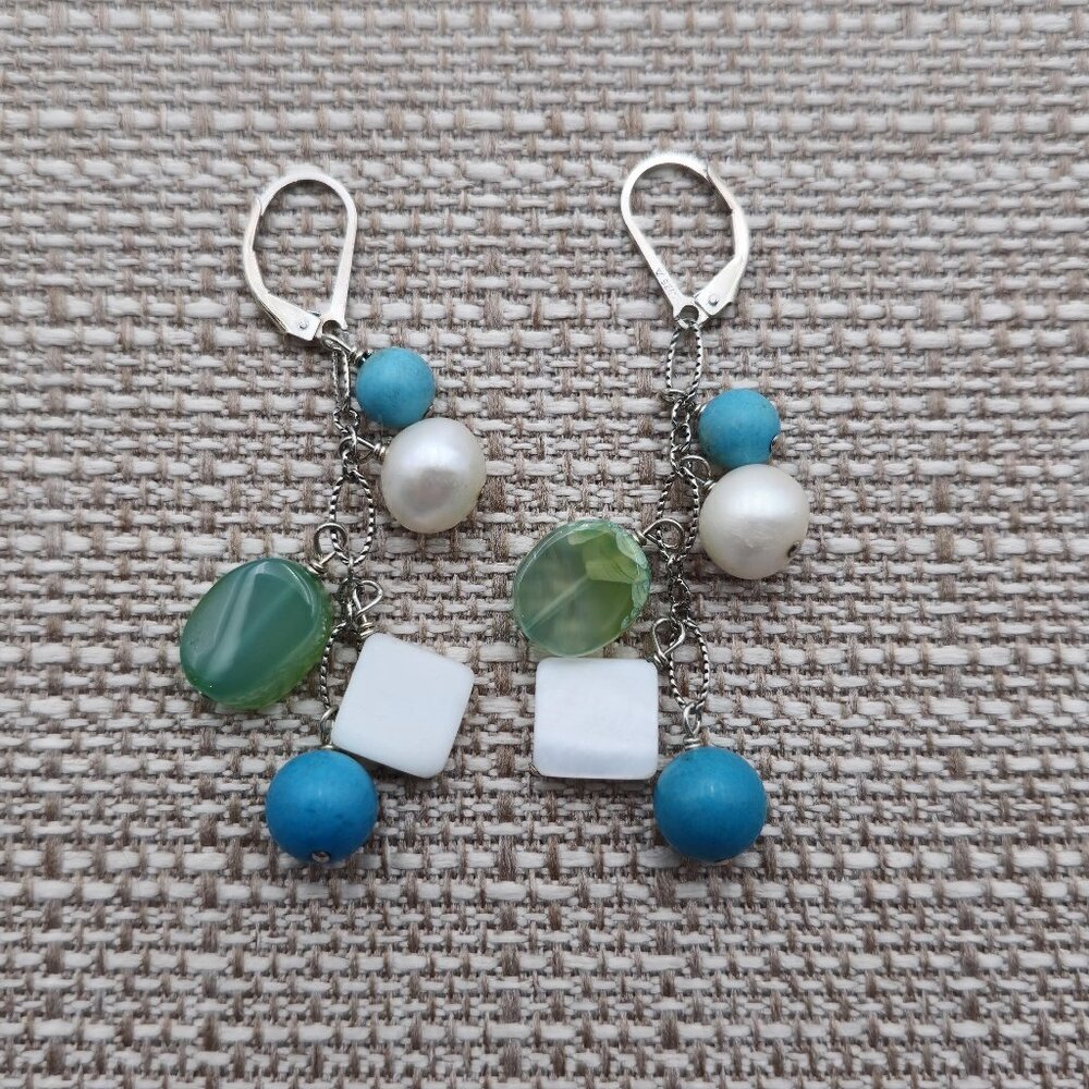 Sterling Silver Stone Pearl And Shell Handmade Earrings A2919